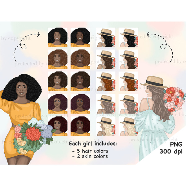 African American brunette girl in an orange top and skirt with a lush bouquet of flowers in her hands. A girl in a blue dotted dress and a brown hat with a blac