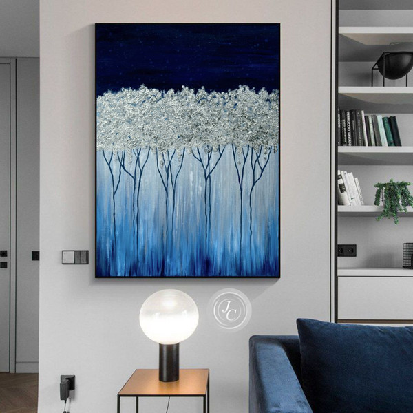 Blue-abstract-painting-living-room-decor-blue-and-silver-original-art