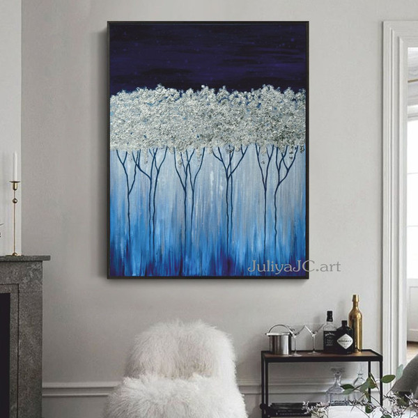 blue-abstract-art-silver-tree-painting-hallway-decor