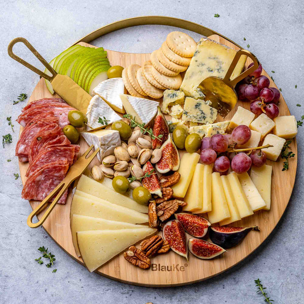 Bamboo Cheese Board and Knife Set – 13” Round Charcuterie Board with Magnetic Cutlery Storage – Serving Platter for Cheese _ Treats – Round Serving Tray – Wood