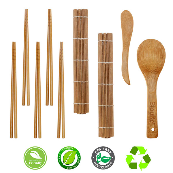 6 Carbonized Bamboo Sushi Rolling Mats with Rice Paddle