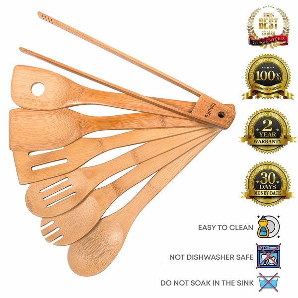 BlauKe Wooden Spoons for Cooking 7-Pack - Bamboo Kitchen Utensils Set for Nonstick Cookware