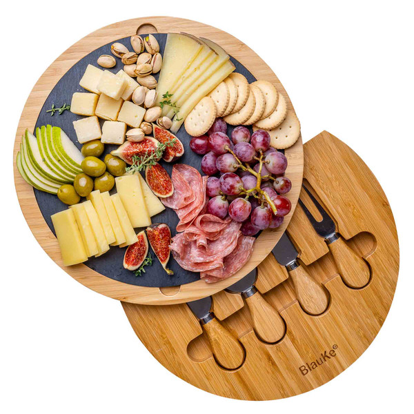 Bamboo Cheese Board And Knife Set – Charcuterie Platter Serving Tray – Round Bamboo Cheese Board With Cutlery Set, Slide-Out Drawer and Removable Slate (4 Chees