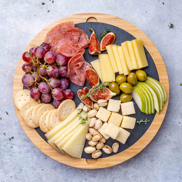 Bamboo Cheese Board And Knife Set – Charcuterie Platter Serving Tray – Round Bamboo Cheese Board With Cutlery Set, Slide-Out Drawer and Removable Slate (4 Chees
