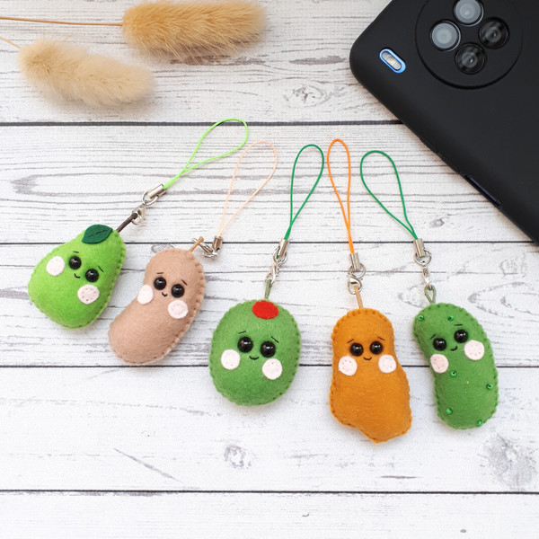 Kawaii pear, olive, bean, pickle, nuggets phone charm, plush - Inspire  Uplift