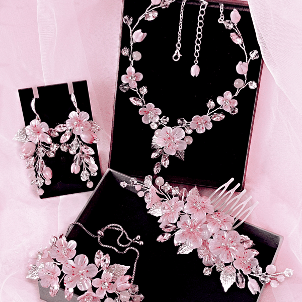 Cherry Blossom Bridal Jewelry Set, Pink Sakura Bridal Accessories, Blush Flower Wedding Jewelry Set Comb+earrings+neckl Silver | JewelryforbridesCo