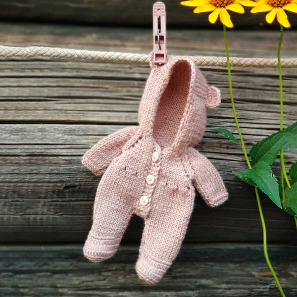 Knitted hooded jumpsuit with ears for a 7 inch (18 cm) doll