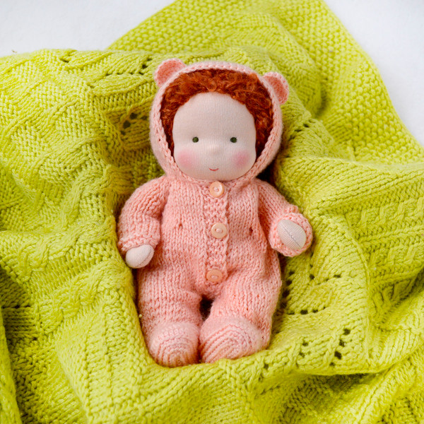 Knitted hooded jumpsuit with ears for a 7 inch (18 cm) doll