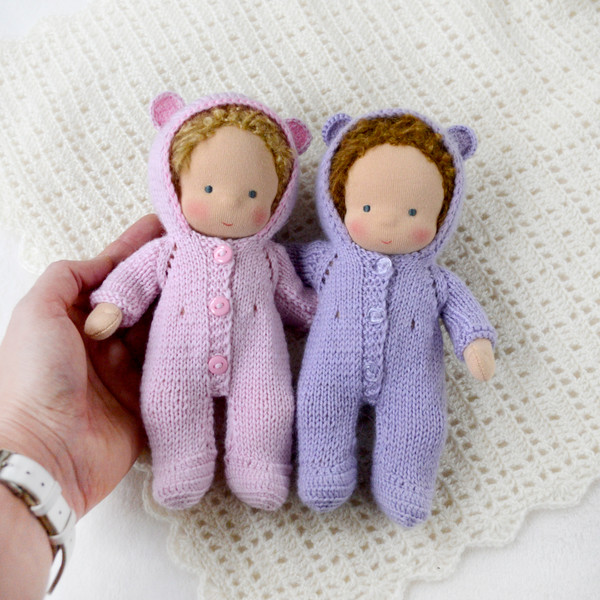 Knitted hooded jumpsuit with ears for a 7 inch (18 cm) doll