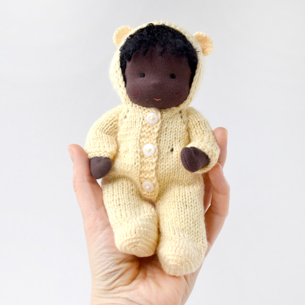 Knitted hooded jumpsuit with ears for a 7 inch (18 cm) doll