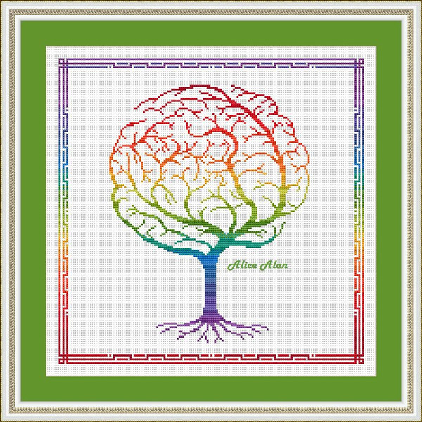 Rainbow Chakra Tree of Life - Cross Stitch Chart Pattern on Black