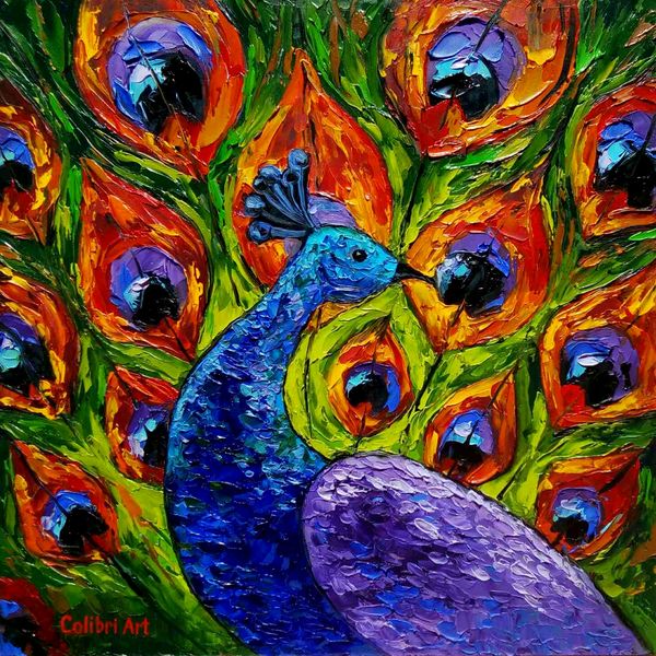 Peacock Painting Bird Original Art Animal Painting Impasto - Inspire Uplift