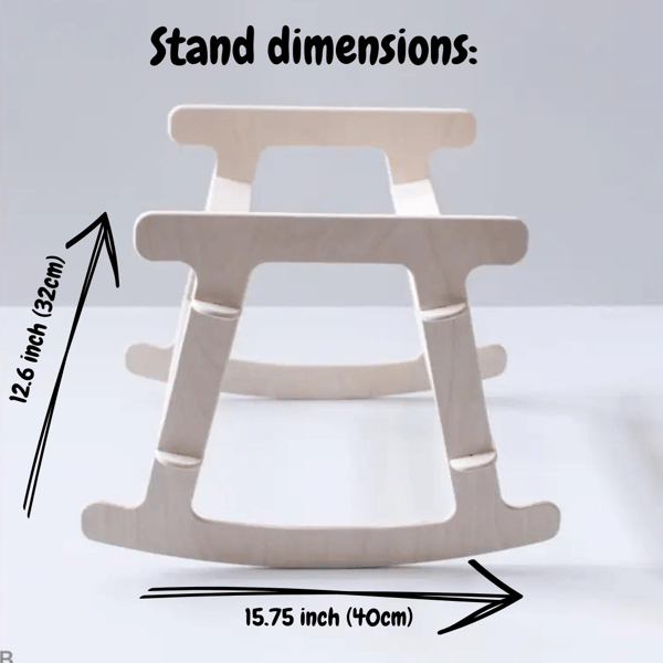 wooden stand for a baby doll basket, indicating its width and height