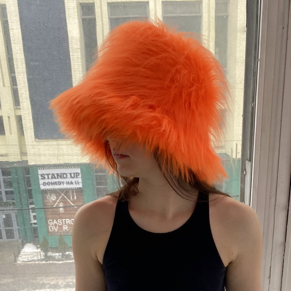 Neon pink hat. Faux fur bucket hat. Festival fuzzy neon hat