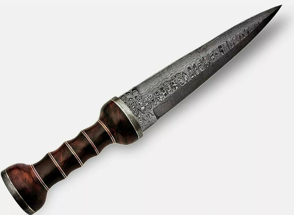 Damascus Steel Gladiator Sword with Leather Sheath, Japanese Samurai Sword Gift, Hand Forged Roman Sword, Damascus Steel Blade, Combat Sword (5).jpg