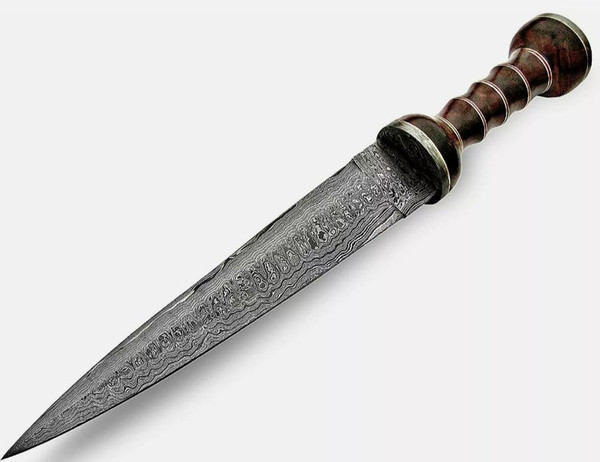 Damascus Steel Gladiator Sword with Leather Sheath, Japanese Samurai Sword Gift, Hand Forged Roman Sword, Damascus Steel Blade, Combat Sword (6).jpg