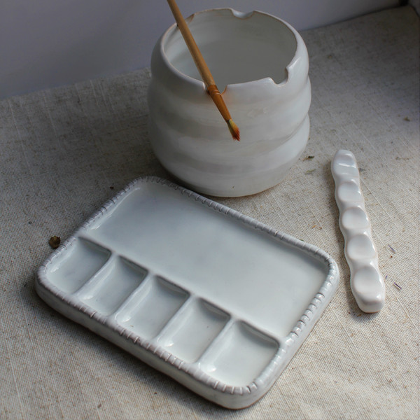 Small Ceramic Paint Palette Gift Set, Paint Water Cup, Paint Brush Holder,  Christmas Gift for Friend, Watercolor Craft, Stocking Stuffer