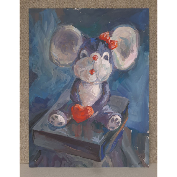 Artwork size 12 by 9 inches Little Mouse stands on canvas background.