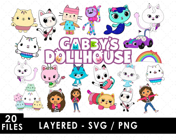 Gabby's Dollhouse SVG, Pandy Paws SVG, CatRat SVG, Pillow Cat SVG, Cakey SVG, Cat-a-pillar SVG, CatRat Castle SVG, Gabby's Dollhouse logo SVG, Animated series S