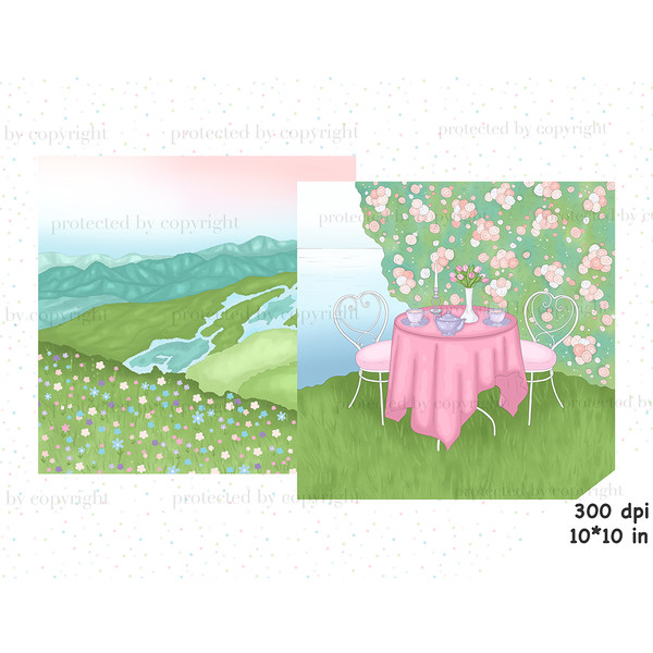 A field dotted with spring flowers against the background of a mountain stream, a mountain landscape and a beautiful sunset. Round romantic table for date night