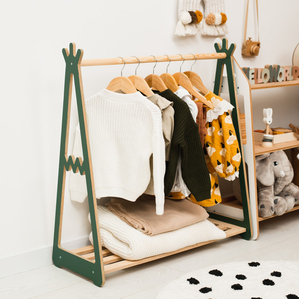 Montessori Wardrobe, Kids Clothing Rack, Wood Clothing Frame Rack Dress Up,  Display Kids Wardrobe, Baby Clothes Storage Child Size Furniture 