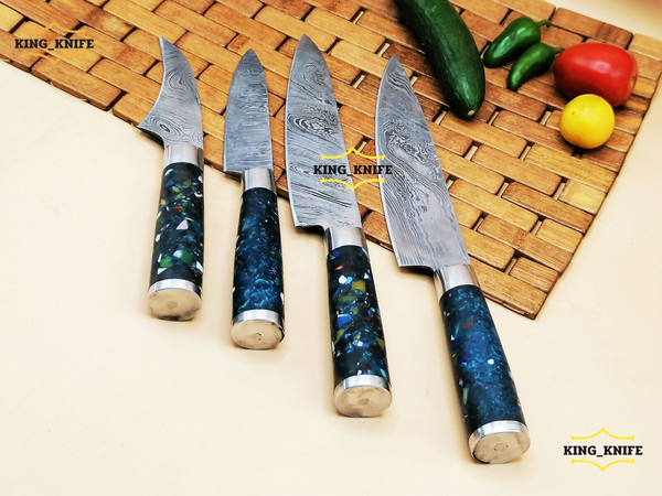 Carbon Steel Chef Knife Set With Rolling Leather Bag Blue