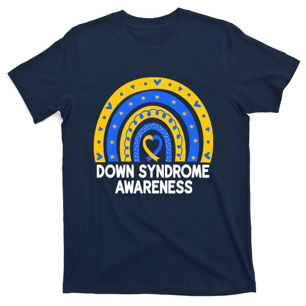 Down Syndrome Awareness Rainbow T21 Yellow Blue Ribbon T-Shirt 2.jpg