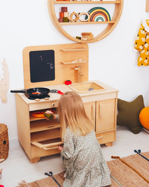 Play Kitchen Set, Wooden Pretend Play Kitchen, Montessori Furniture,  Birthday Gift for Daughter, Toy Kitchen, Gifts for Kids, Playroom Decor 
