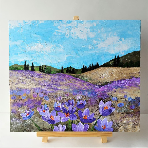 Acrylic-landscape-painting-field-crocuses-hills-forest-impasto-art.jpg