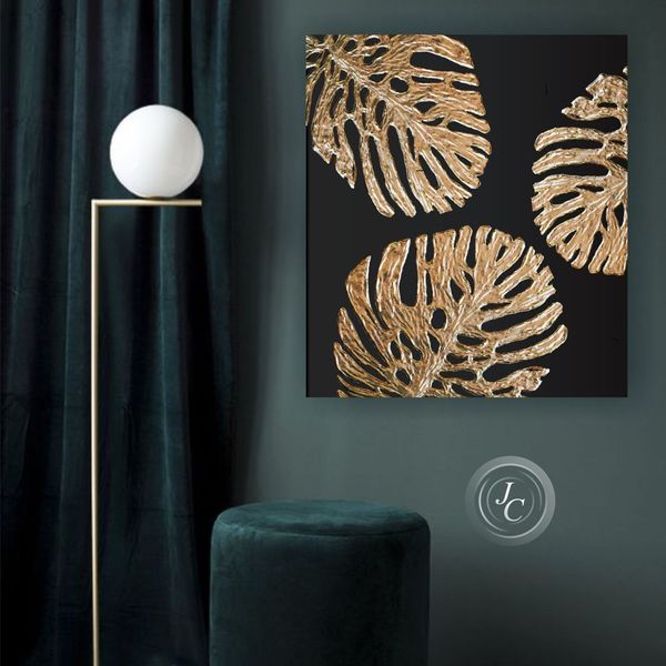 Black and Gold Abstract Wall Art Gold Monstera leaf Painting - Inspire ...