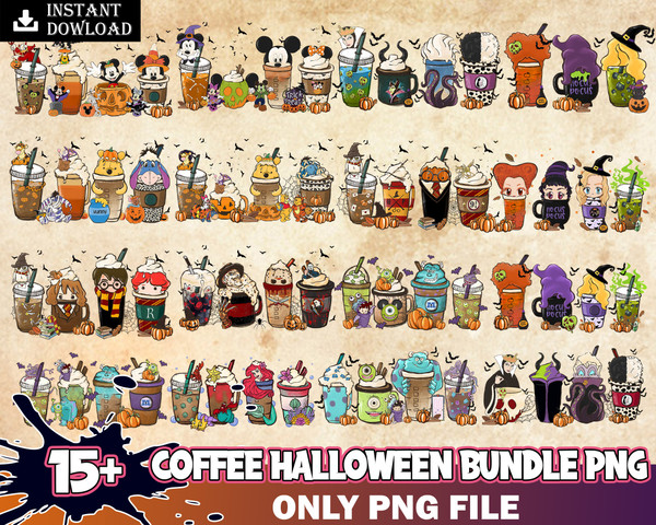 15 Halloween Coffee Png Bundle, Halloween Boo Coffee Png, Villains Latte, Fall latte png, Horror Movie Inspired Coffee, Sublimation design Png Instant Download.