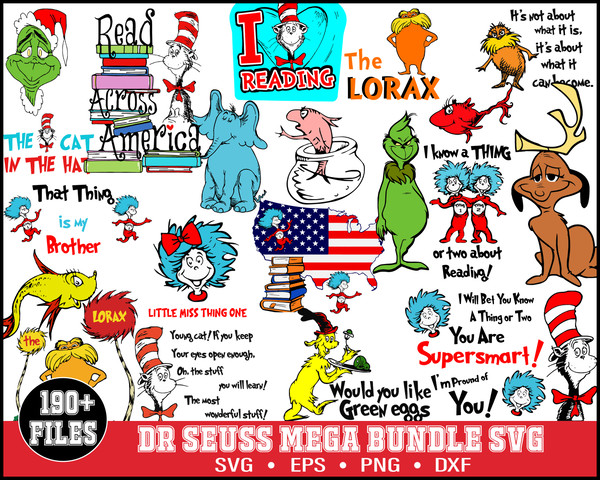 190 Dr Seuss Svg Bundle, Cat In The Hat SVG, Dr Seuss Hat SVG,Green Eggs And Ham Svg, Dr Seuss for Teachers Svg, Lorax Svg,Thing 1 and 2 Svg, Instant download .