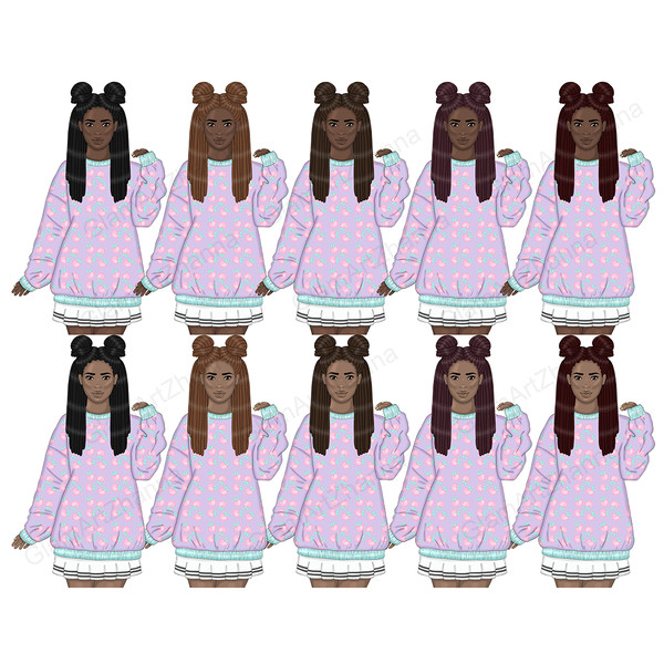 African American kawaii cute pretty girls with white manicures with buns in purple jumpers with turquoise collar and elasticated sleeves with rose apple print a