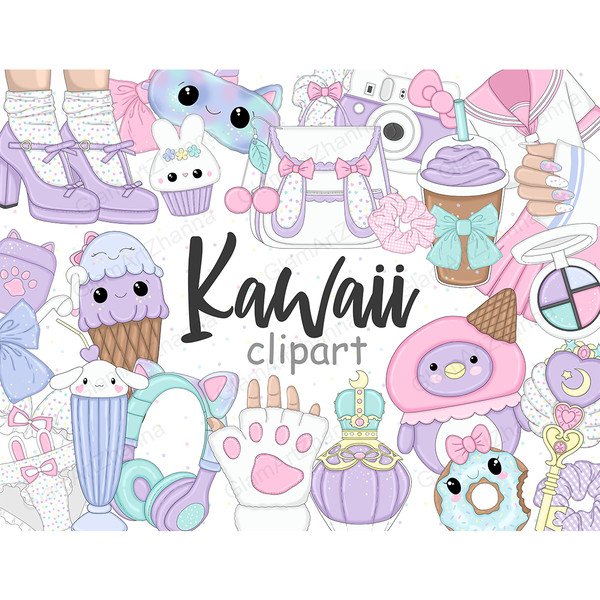 Set of kawaii pastel clipart for planner. Kawaii white women's backpack. Kawaii purple toy bird with a waffle cone on its head. Purple shoes on female legs. Cam