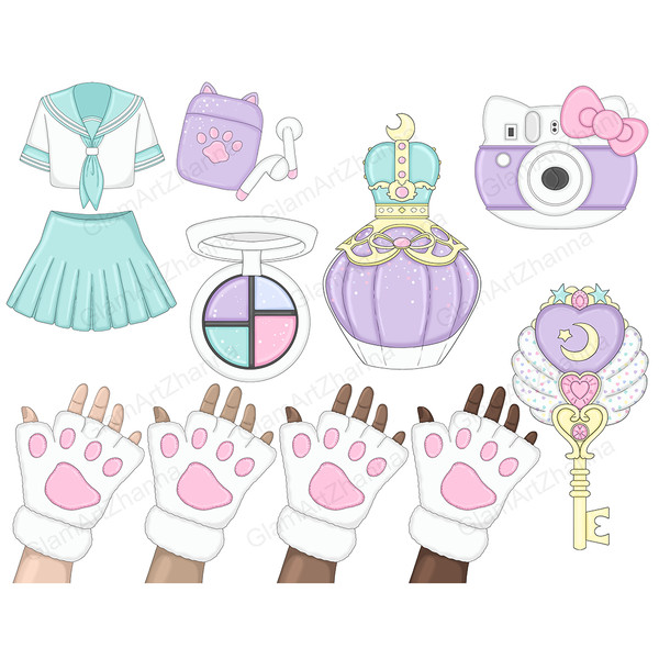 Set of kawaii pastel clipart for planner. Female hands in white kawaii cat paws in a glove. Vintage kawaii white and gold key with purple heart. A camera in the