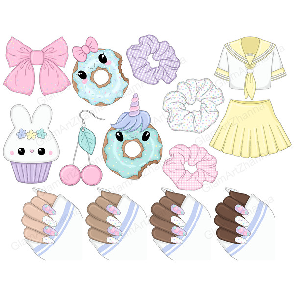 Pink women's bow with stars print. Turquoise donuts unicorns. Female kawaii manicure in white and purple color. Bunny cake with eyes and flowers in a purple hol