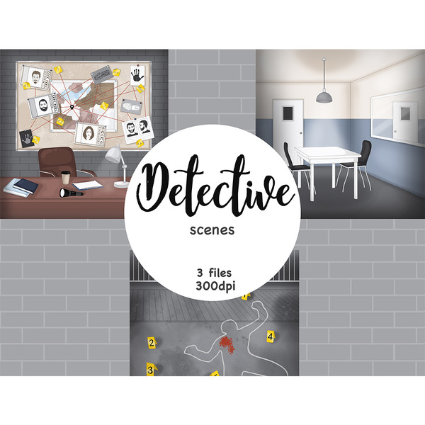 Detective scene maker with a detective board with photos of criminals connected by a red thread over the sheriff's desk. Interrogation room with a mirror. Crime