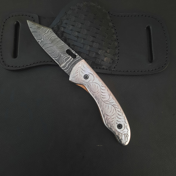 mk050b Handmade Damascus Folding Pocket knife Hunting knife  Handmade Damascus Steel Handle Damascus Steel with leather Sheath, MkCuatomKnife, mk.jpg