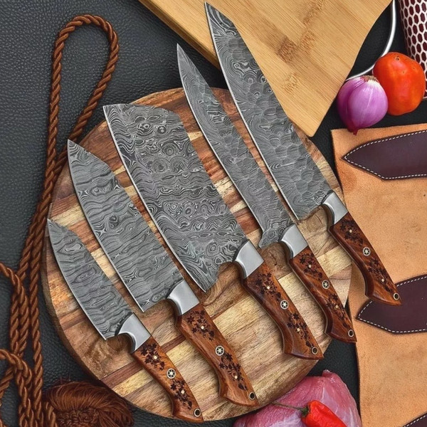 Handmade Damascus Chef set Of 5pcs With Leather,Damascus