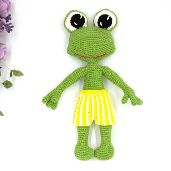 Green frog in shorts, stuffed frog, baby shower stuffed anim