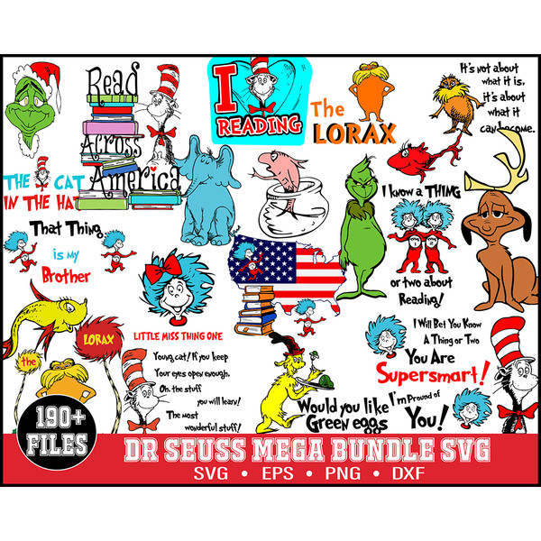 190 Dr Seuss Svg Bundle, Cat In The Hat SVG, Dr Seuss Hat SVG,Green Eggs And Ham Svg, Dr Seuss for Teachers Svg, Lorax Svg,Thing 1 and 2 Svg, Instant download .
