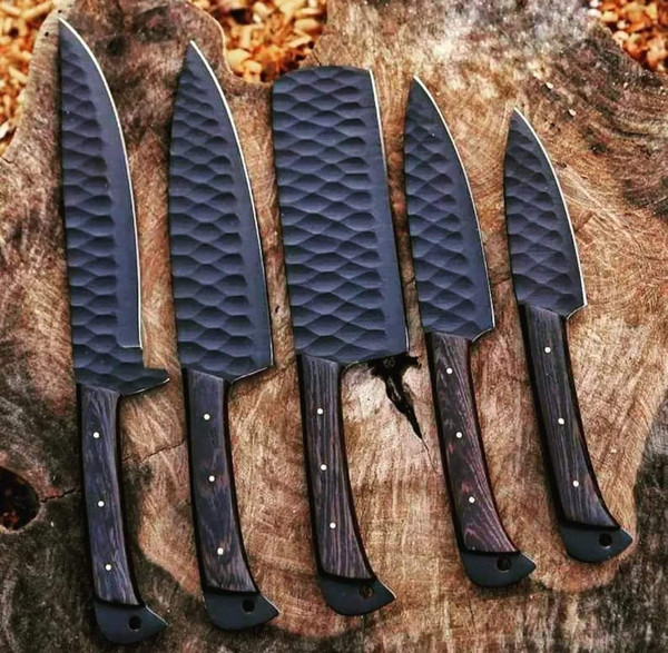 Handmade Damascus Chef set Of 5pcs With Leather,Damascus