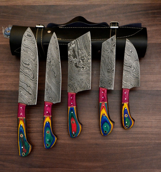 Handmade Damascus Chef set Of 5pcs With Leather Cover,Kichten Knife,Damascus Knife Set,Kitchen knives set,Personalized