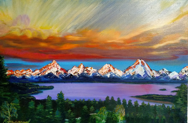 mountain lake sunset painting