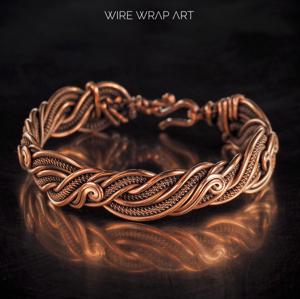 wirewrapart wire wrap art pure copper wire wrapped bracelet bangle handmade wrapping jewelry woven weaved jewellery antique style 7th 22nd anniversary gift her