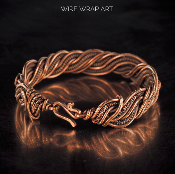 wirewrapart wire wrap art pure copper wire wrapped bracelet bangle handmade wrapping jewelry woven weaved jewellery antique style 7th 22nd anniversary gift her