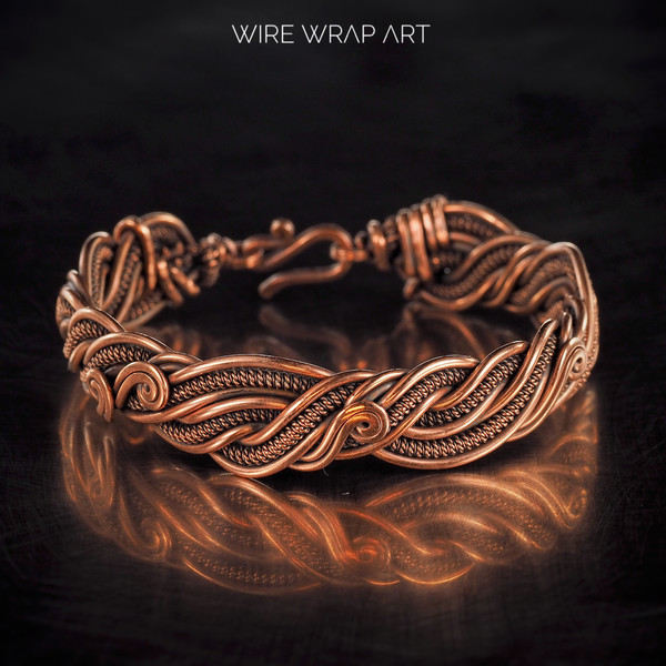 wirewrapart wire wrap art pure copper wire wrapped bracelet bangle handmade wrapping jewelry woven weaved jewellery antique style 7th 22nd anniversary gift her