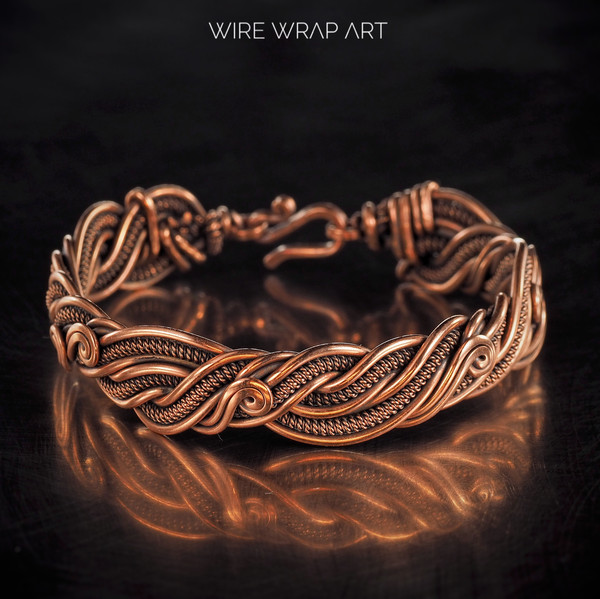 wirewrapart wire wrap art pure copper wire wrapped bracelet bangle handmade wrapping jewelry woven weaved jewellery antique style 7th 22nd anniversary gift her