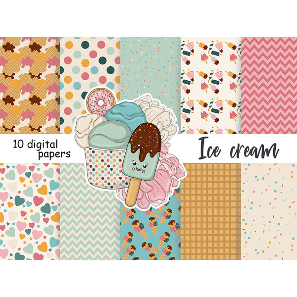 Bright retro groovy digital paper bundles with ice cream and sweets. Waffle cone patterns. Multicolored pastel dots seamless pattern. Sweet sprinkles background