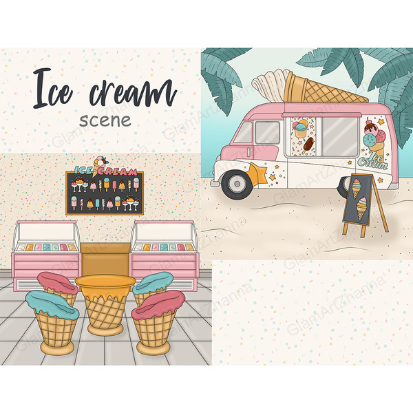 A pastel pink ice cream van with a waffle cone on the roof stands on a sandy beach against the backdrop of palm leaves with an advertising pillar for the sale o
